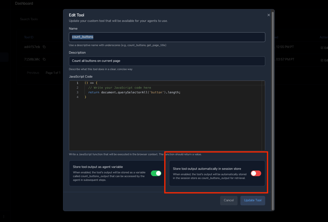 Tool output session store configuration showing the toggle to store tool output automatically in session store